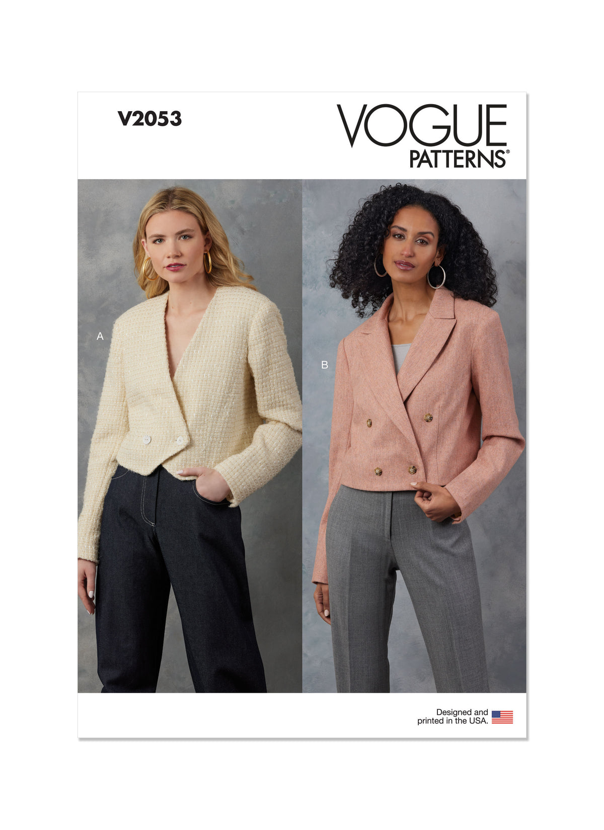 Vogue Patterns V2053 pattern envelope showing a cropped double-breasted jacket