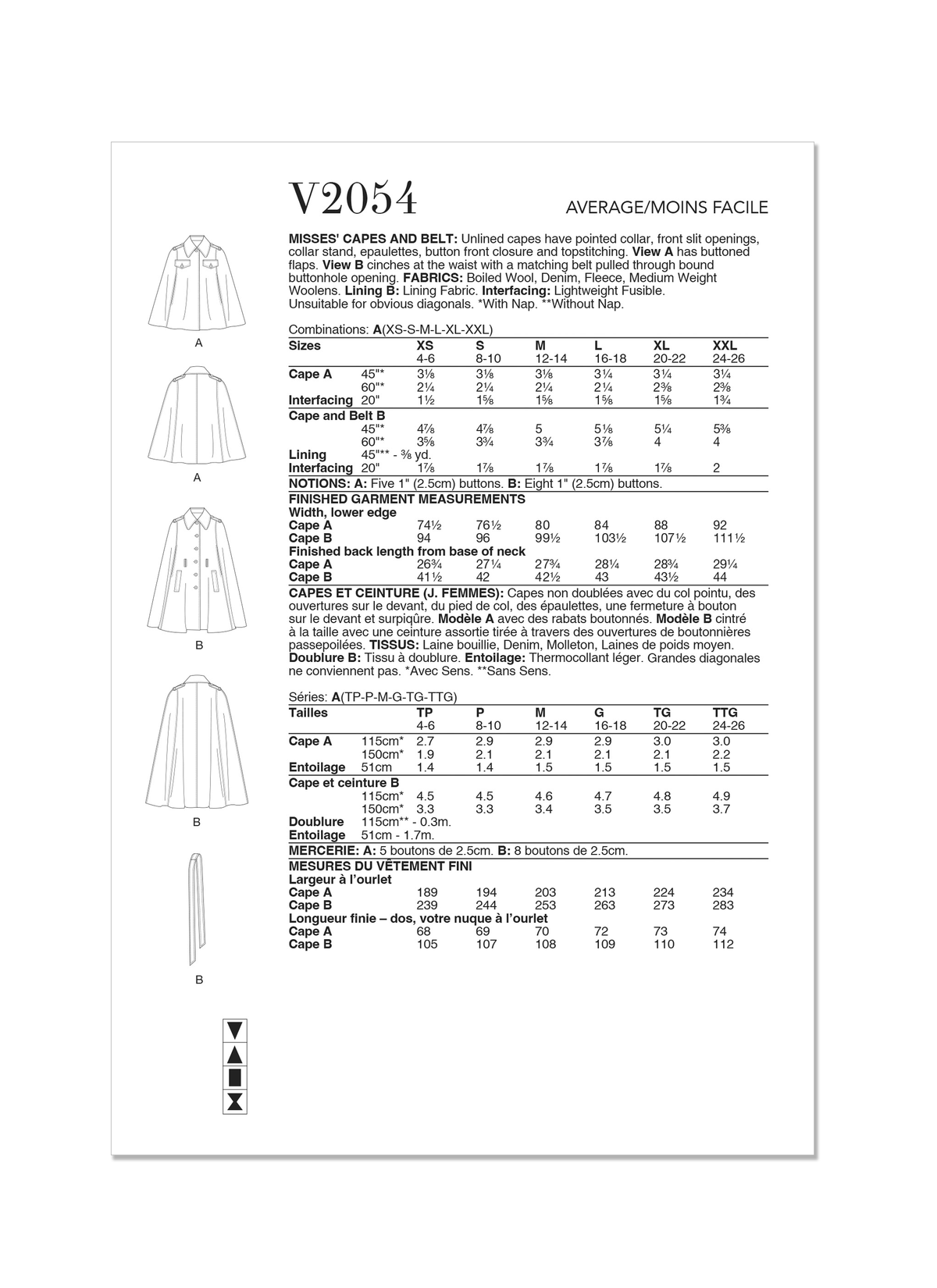 Vogue Patterns V2054 pattern envelope showing an unlined cape
