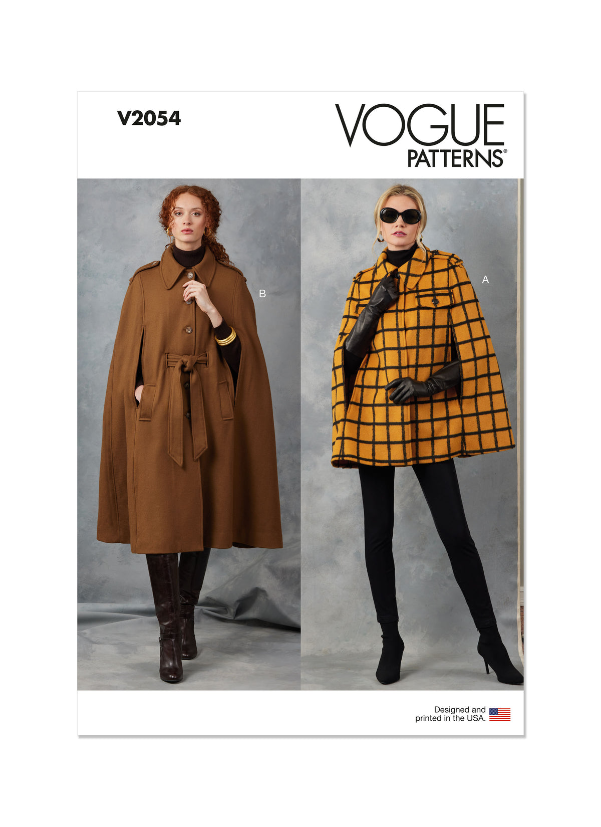 Vogue Patterns V2054 pattern envelope showing an unlined cape