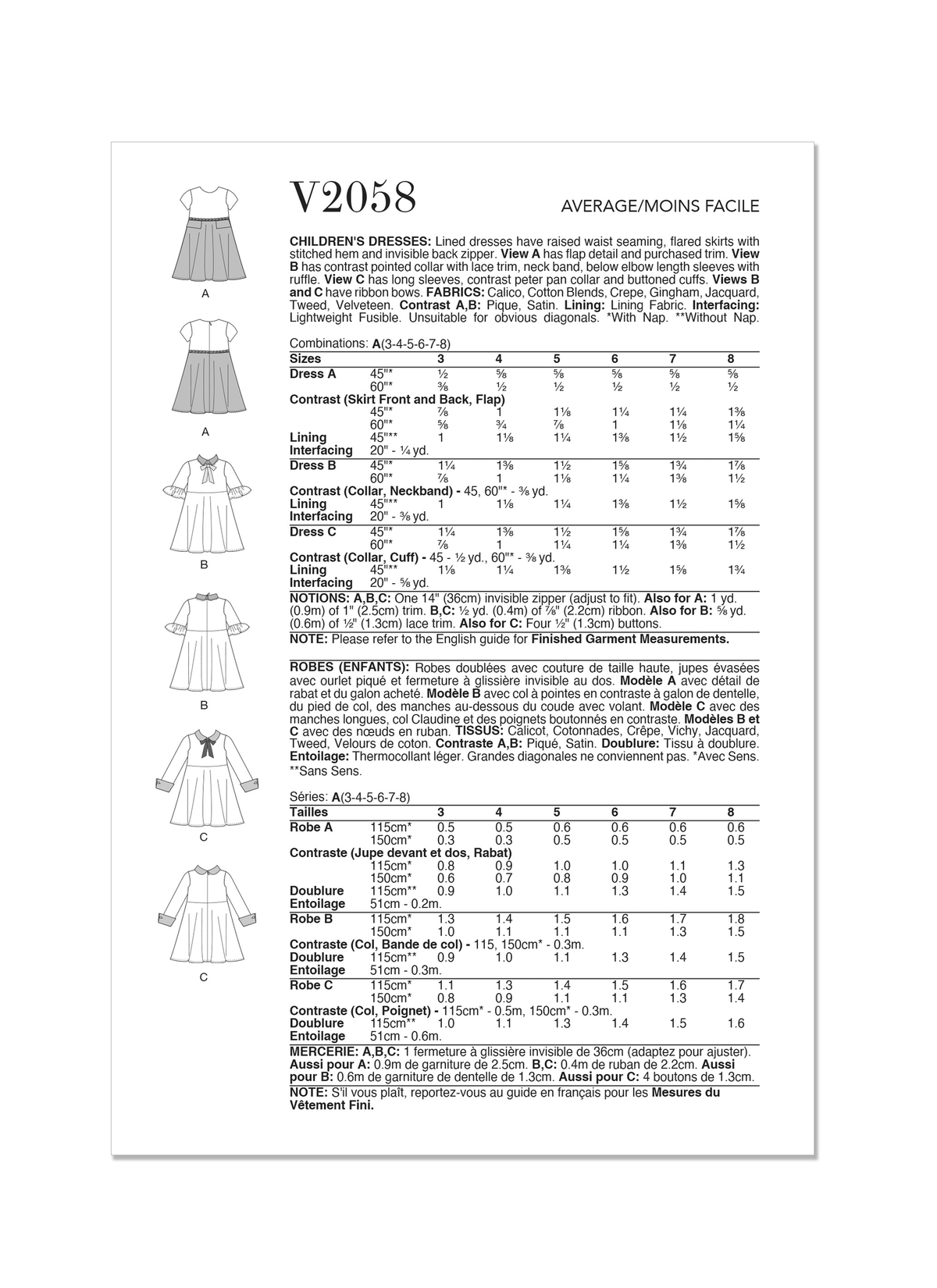 Vogue Patterns V2058 pattern envelope showing a lined girls' dress