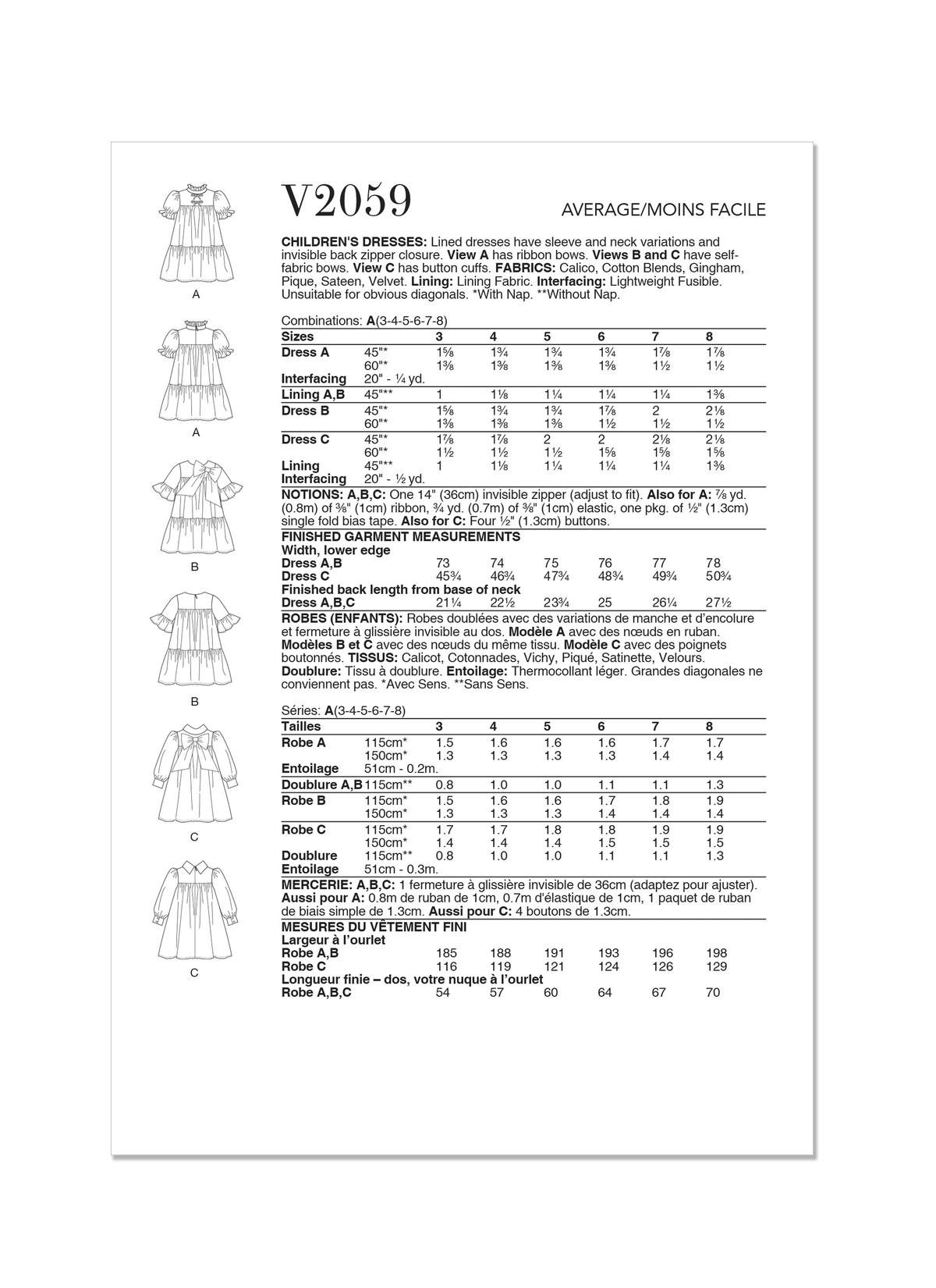 Vogue Patterns V2059 pattern envelope showing a lined girls' dress