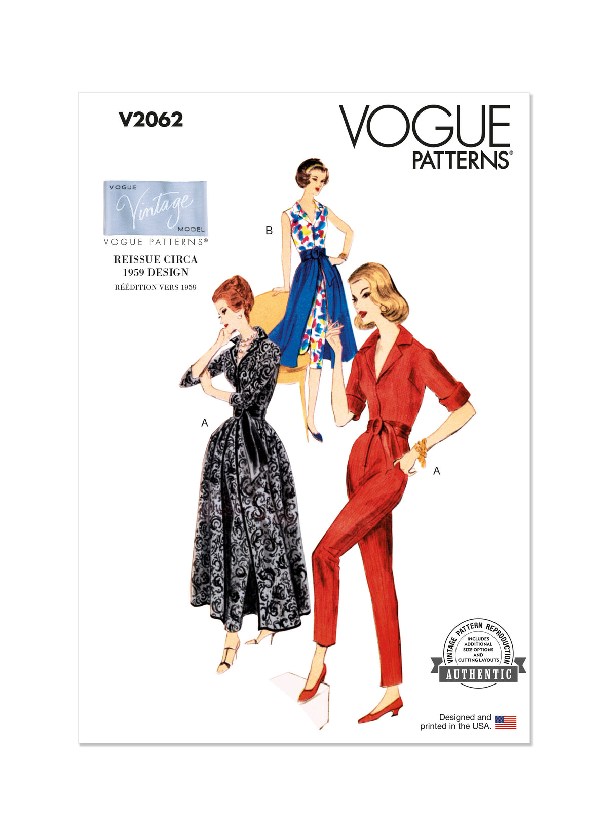 Vogue Patterns V2062 pattern envelope showing a vintage 1959 one-piece slack suit and skirt