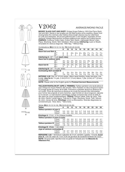 Vogue Patterns V2062 pattern envelope showing a vintage 1959 one-piece slack suit and skirt