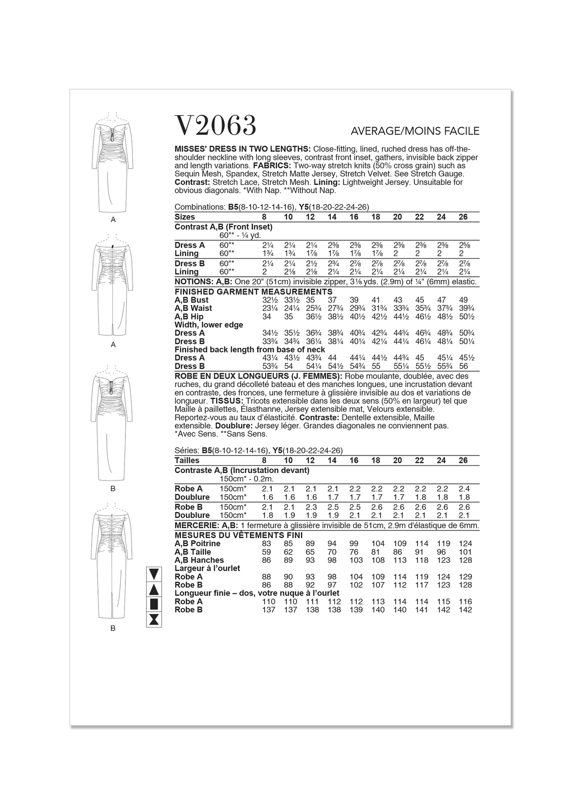 Vogue Patterns V2063 pattern envelope showing a close-fitting lined ruched dress