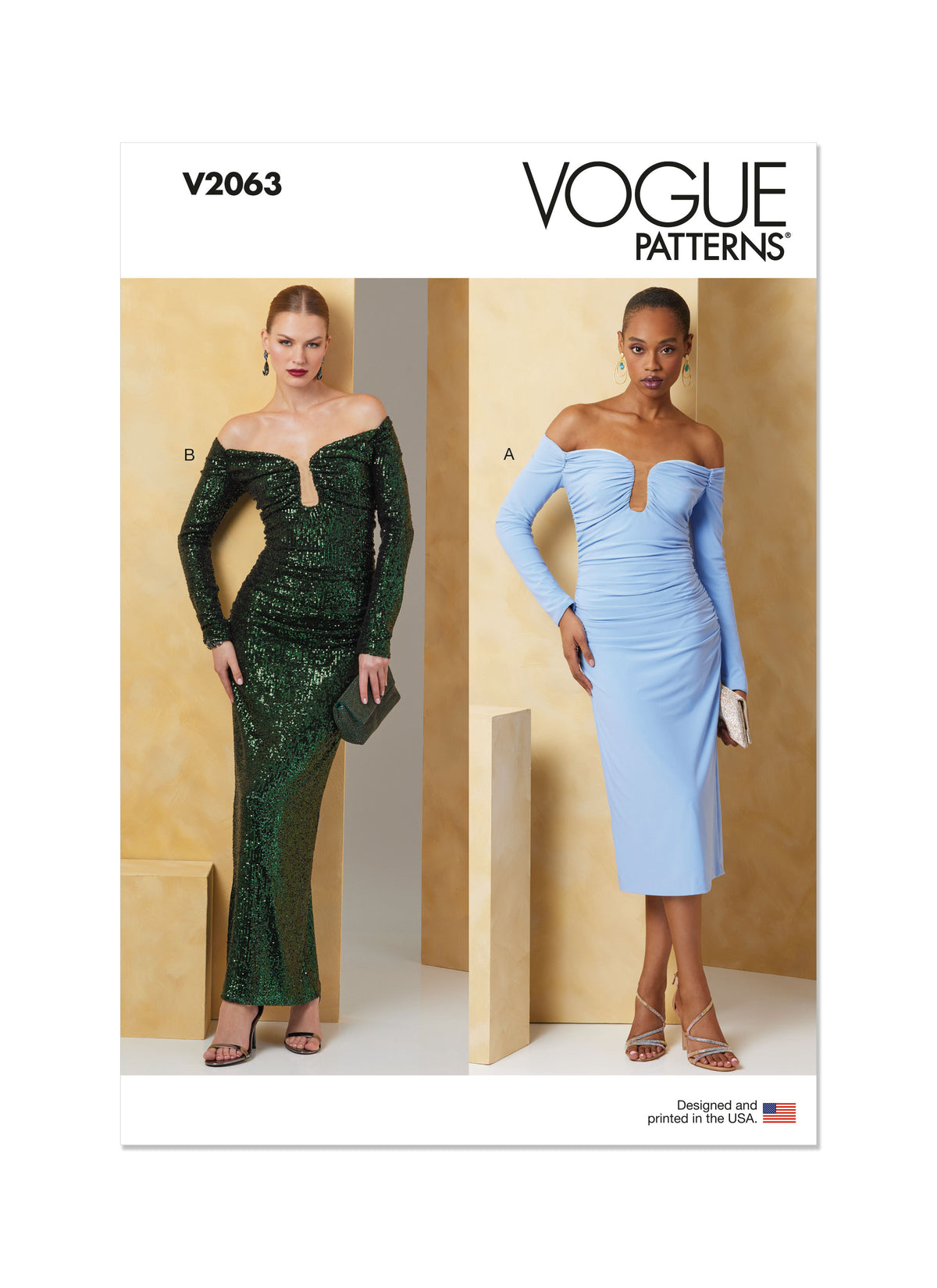 Vogue Patterns V2063 pattern envelope showing a close-fitting lined ruched dress
