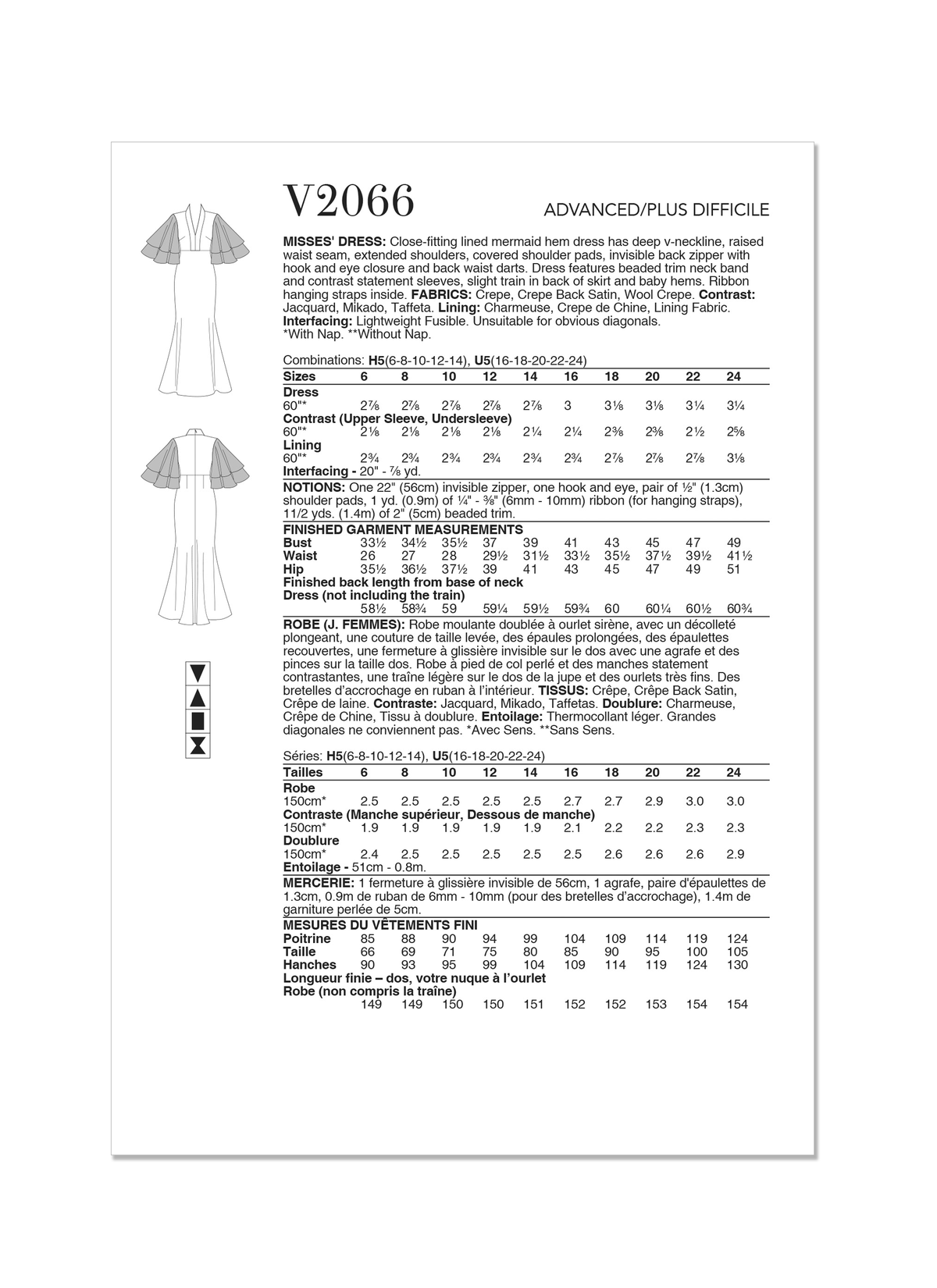 Vogue Patterns V2066 pattern envelope showing a close-fitting lined mermaid hem dress