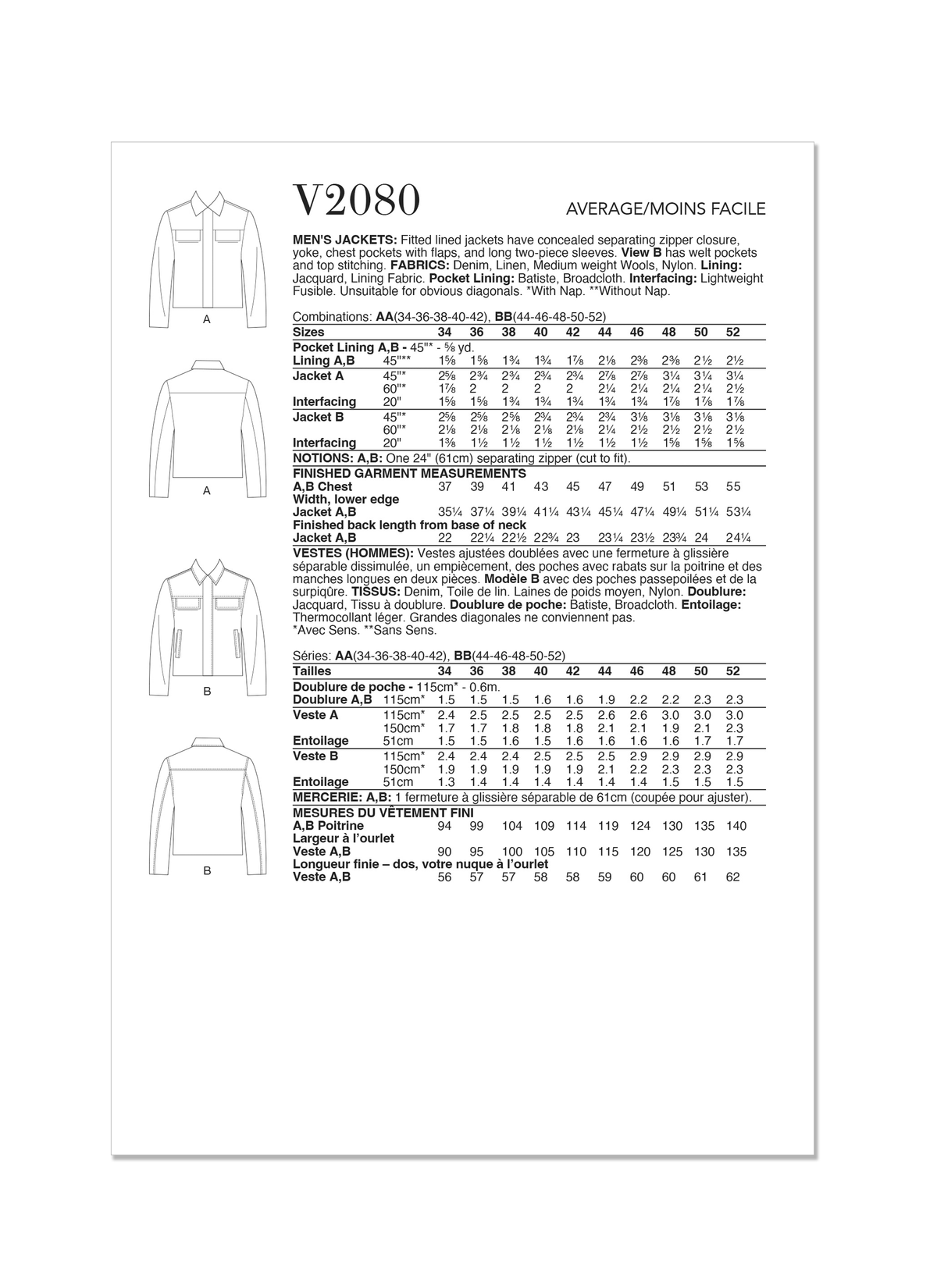 Vogue Patterns V2080 pattern envelope showing the men's jacket designs