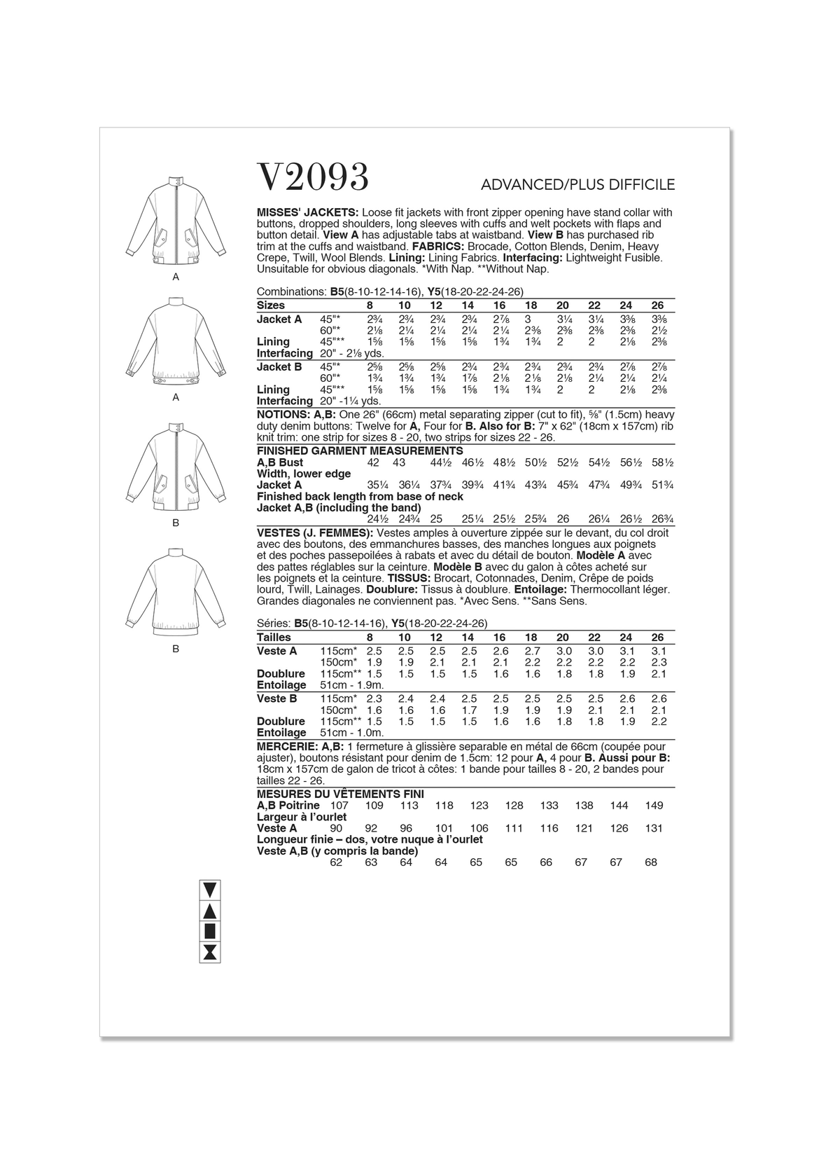 Vogue Patterns V2093 pattern envelope showing the jacket designs