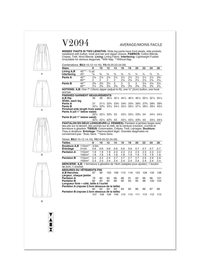 Vogue Patterns V2094 pattern envelope showing the trousers designs