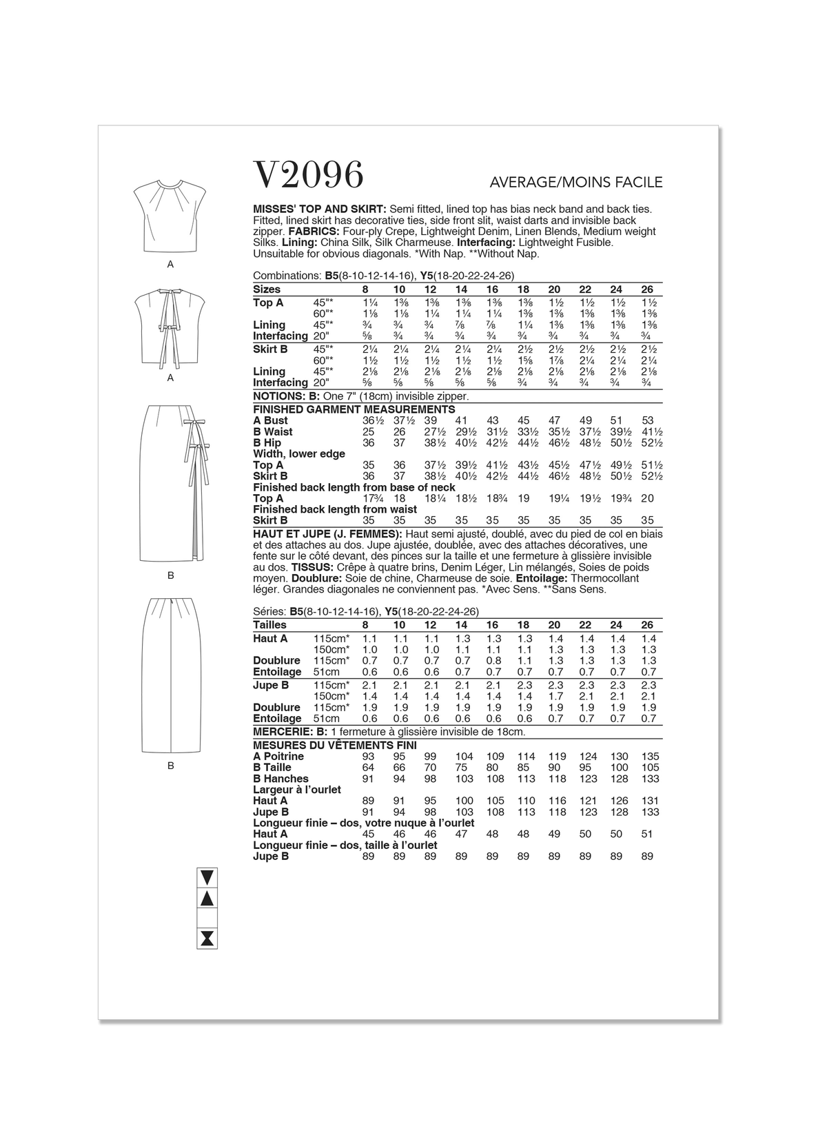 Vogue Patterns V2096 envelope showing the lined top designs