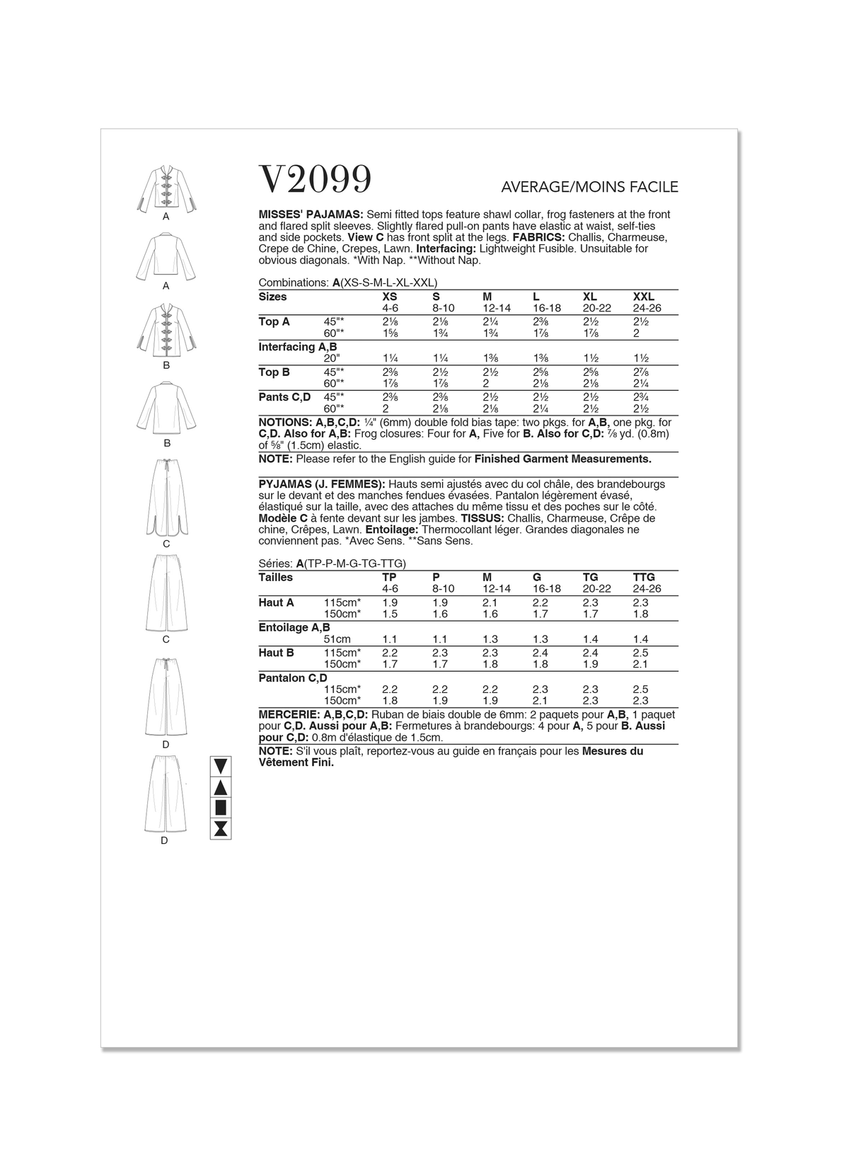 Vogue Patterns V2099 envelope showing the sleepwear top designs