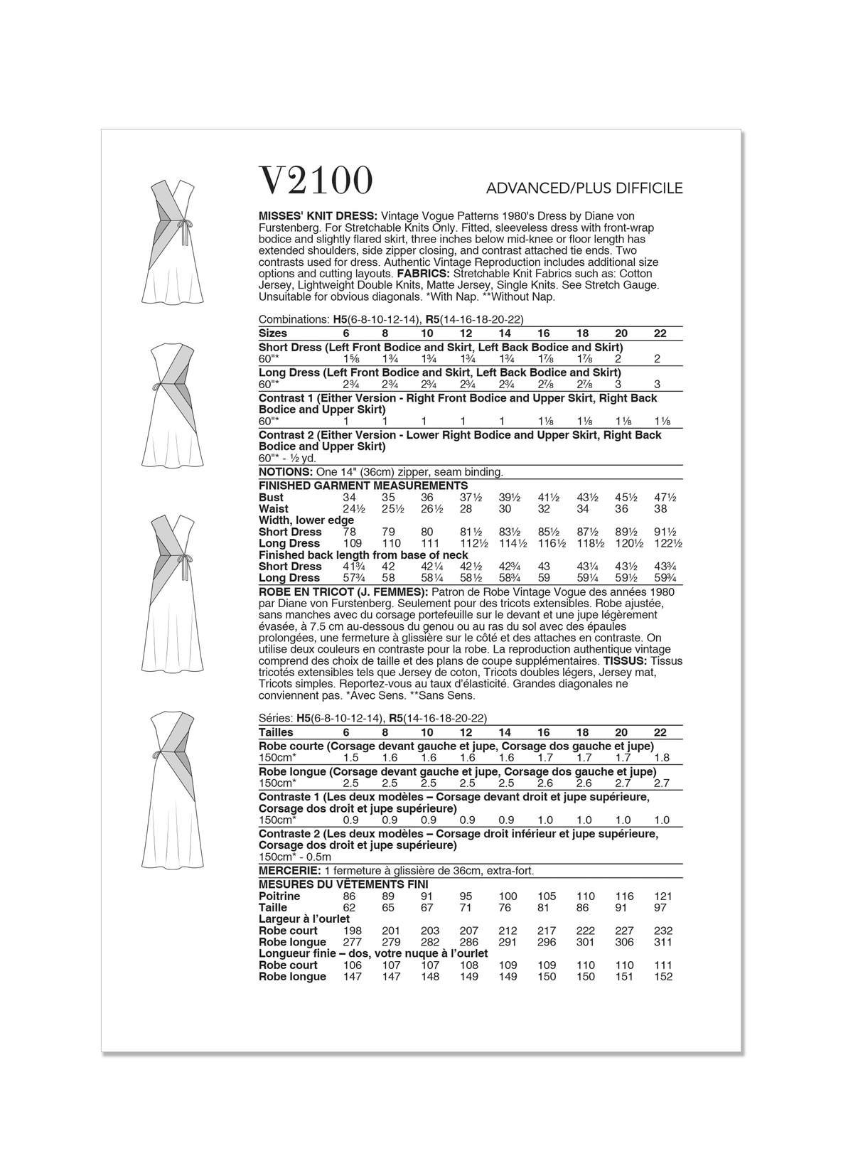 Vogue Patterns V2100 envelope showing the vintage 1980s diane von furstenberg dress designs