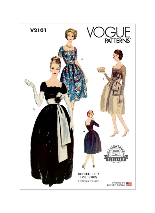 Vogue Patterns V2101 envelope showing the vintage 1958 dress designs