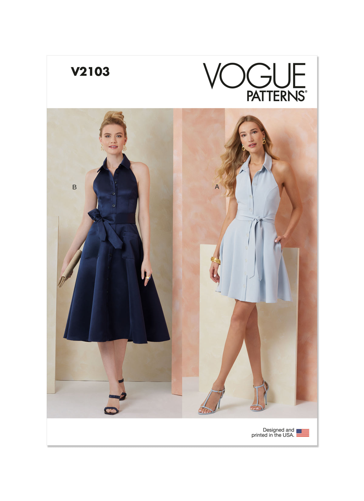 Vogue Patterns V2103 envelope showing the halter dress designs