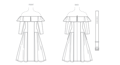 Vogue Patterns V2104 envelope showing the off-the-shoulder midi dress designs