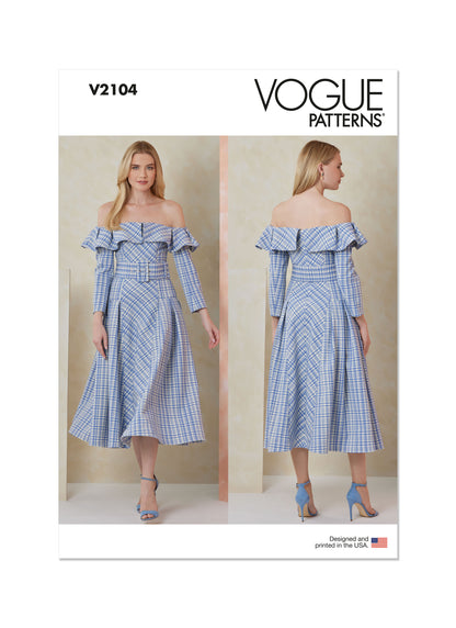 Vogue Patterns V2104 envelope showing the off-the-shoulder midi dress designs