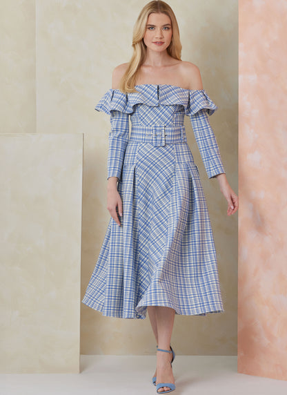 Vogue Patterns V2104 envelope showing the off-the-shoulder midi dress designs