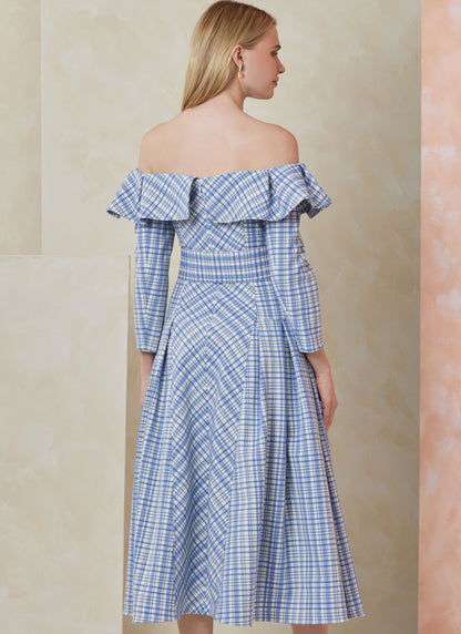 Vogue Patterns V2104 envelope showing the off-the-shoulder midi dress designs