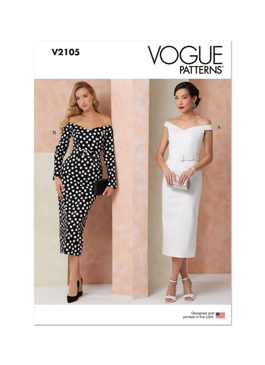 Vogue Patterns V2105 envelope showing the off-the-shoulder sheath dress designs