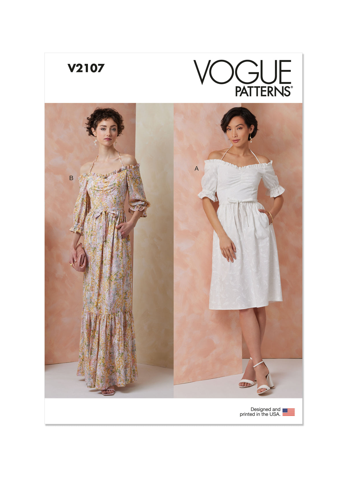 Vogue Patterns V2107 envelope showing the off-the-shoulder ruffle dress designs