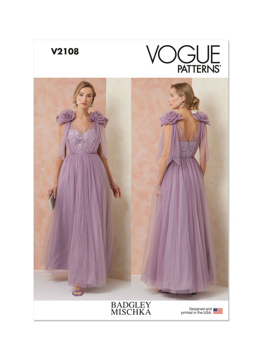 Vogue Patterns V2108 envelope showing the tulle overlay gown designs