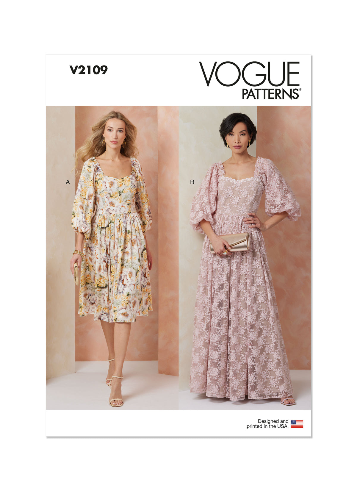 Vogue Patterns V2109 envelope showing the puff sleeve gown designs