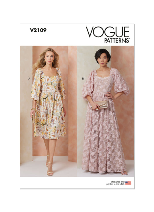 Vogue Patterns V2109 envelope showing the puff sleeve gown designs
