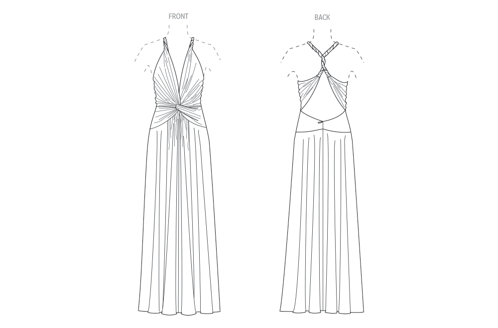 Vogue Patterns V2110 envelope showing the draped halter gown designs