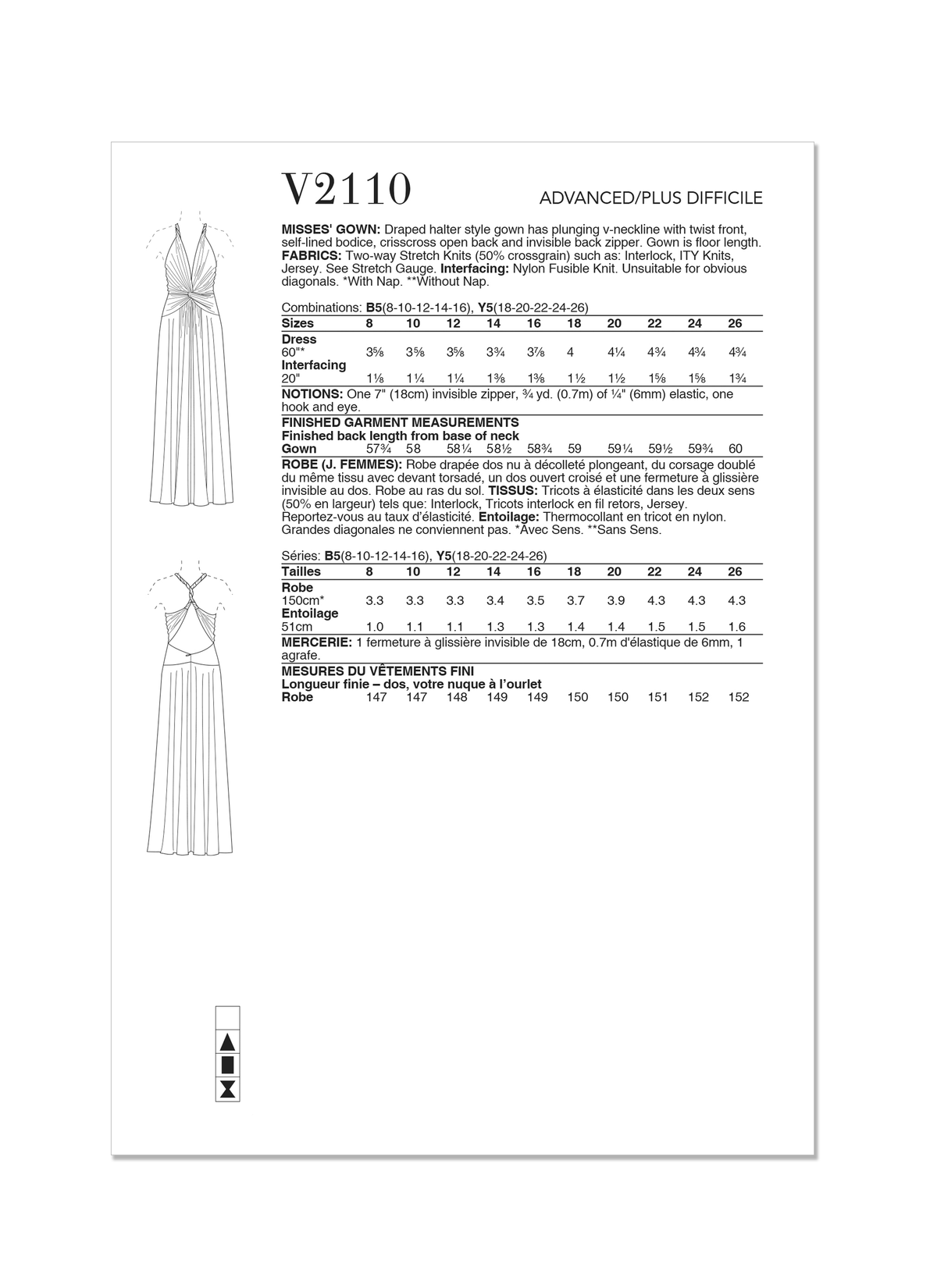 Vogue Patterns V2110 envelope showing the draped halter gown designs