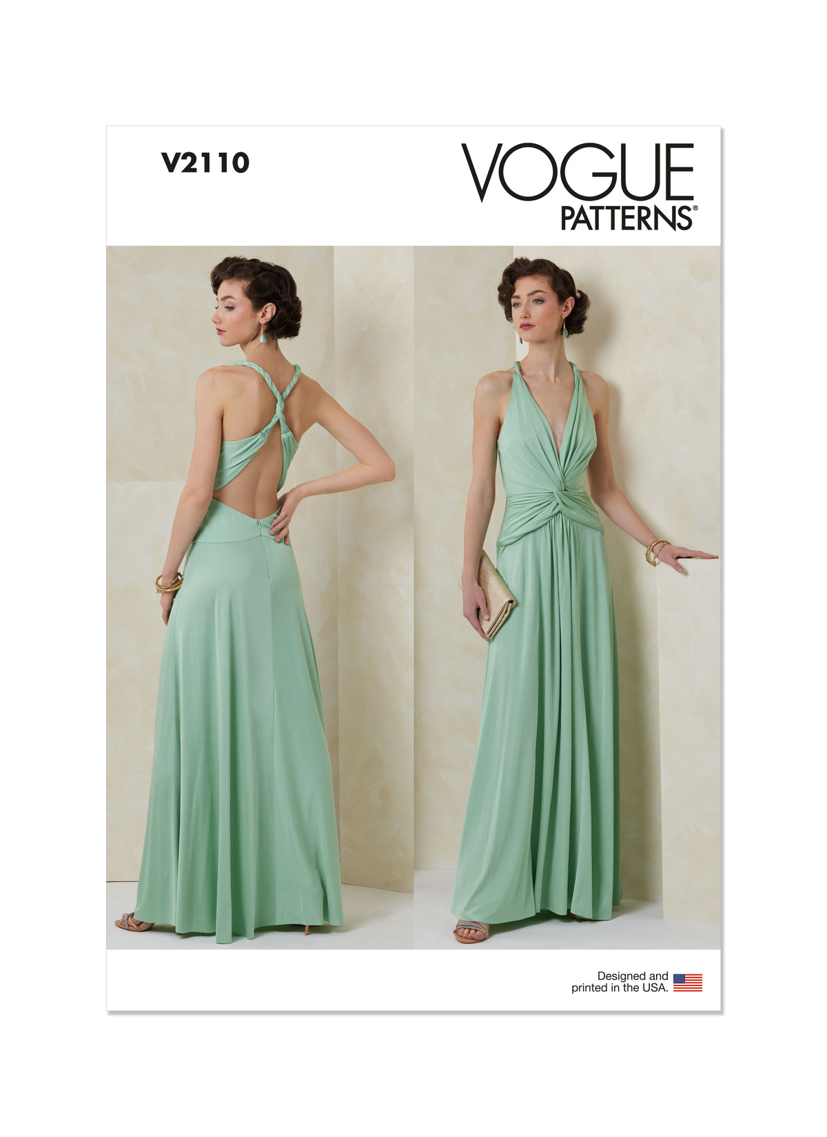 Vogue Patterns V2110 envelope showing the draped halter gown designs