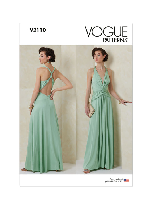 Vogue Patterns V2110 envelope showing the draped halter gown designs