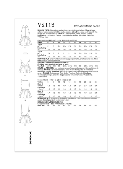 Vogue Patterns V2112 envelope showing the sleeveless peplum tops designs