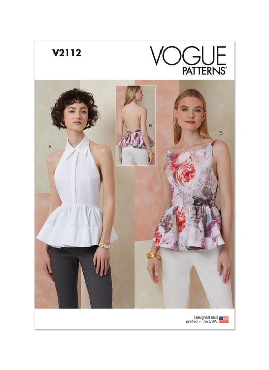 Vogue Patterns V2112 envelope showing the sleeveless peplum tops designs