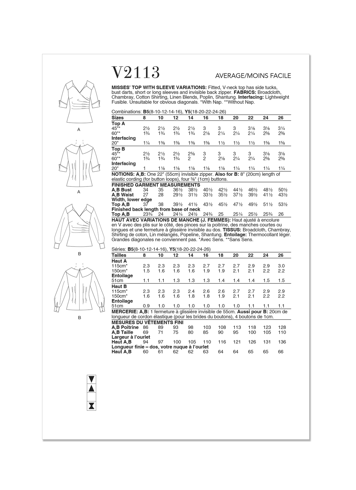 Vogue Patterns V2113 envelope showing the fitted v-neck top designs