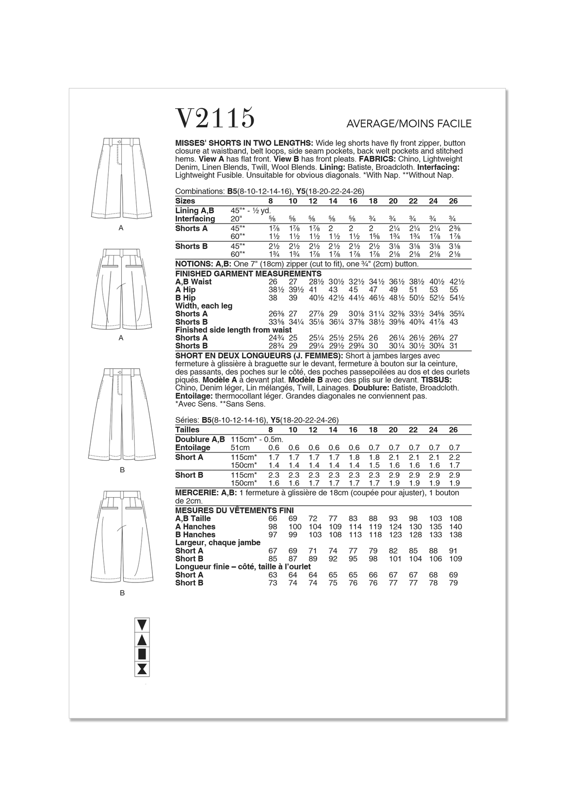 Vogue Patterns V2115 envelope showing the wide leg shorts designs
