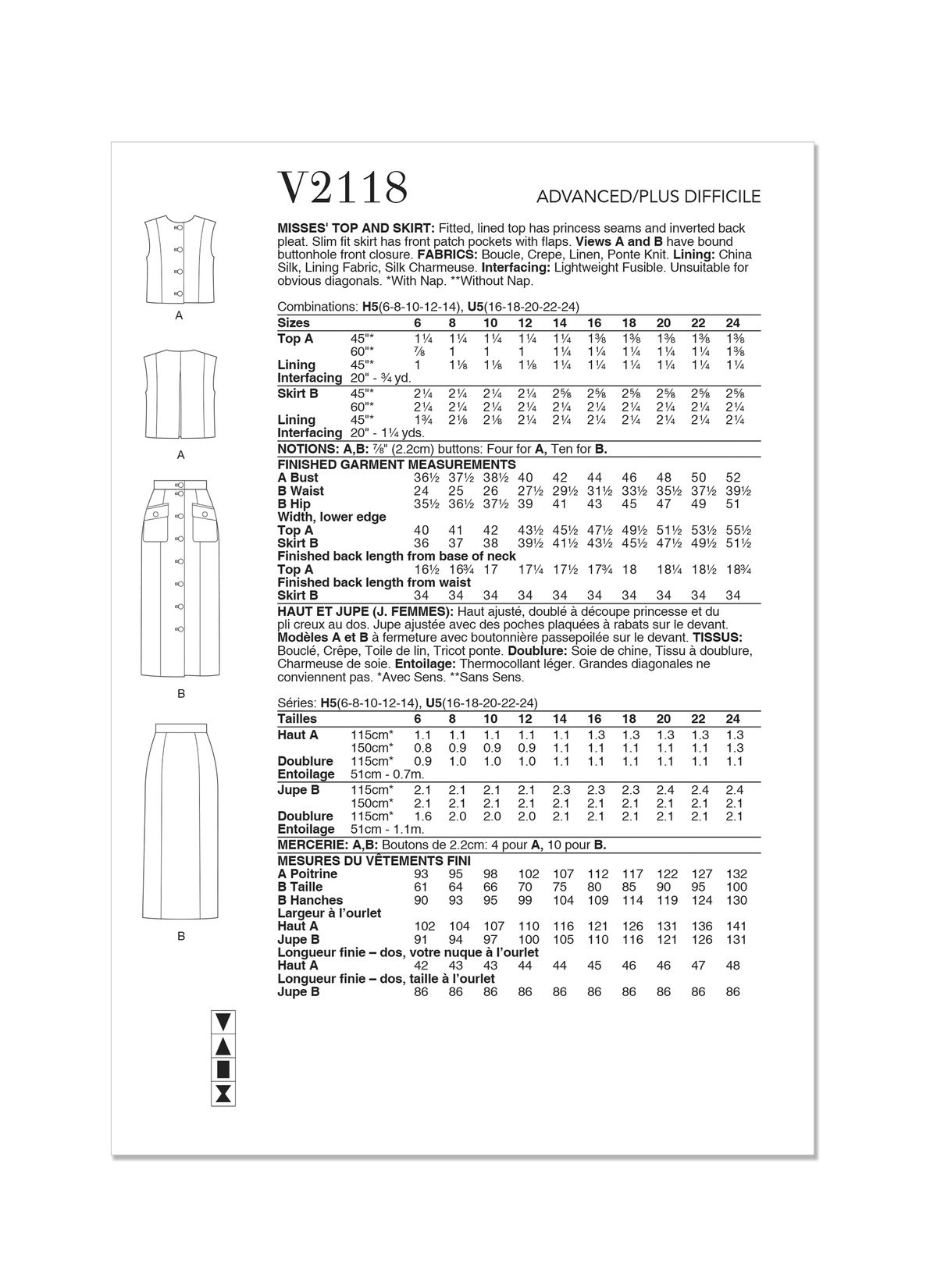 Vogue Patterns V2118 envelope showing the lined fitted top designs