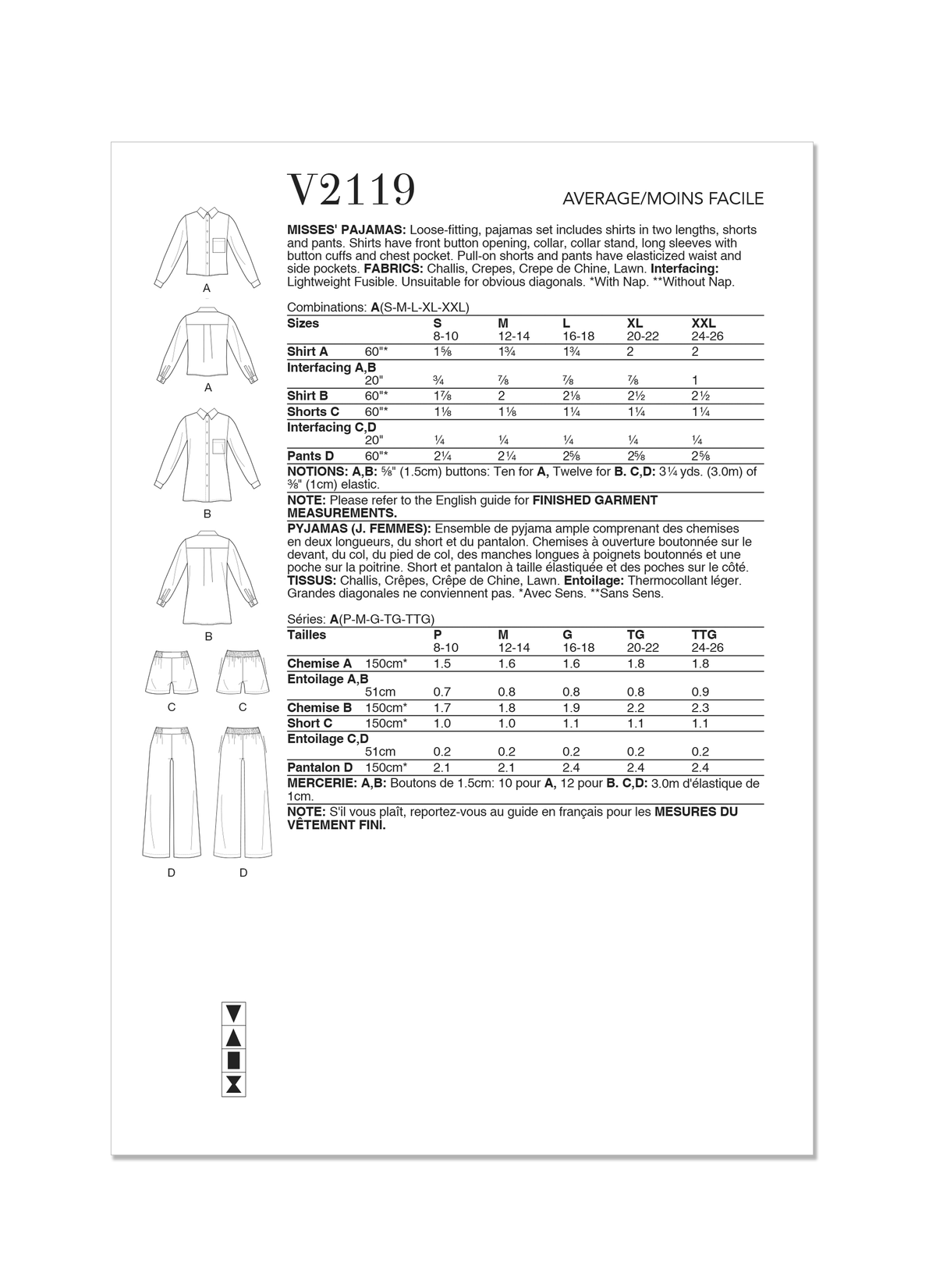 Vogue Patterns V2119 envelope showing the pyjama set designs