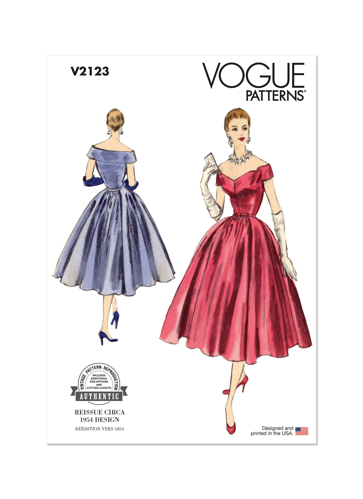 Vogue Patterns V2123 envelope showing the vintage 1954 evening dress designs
