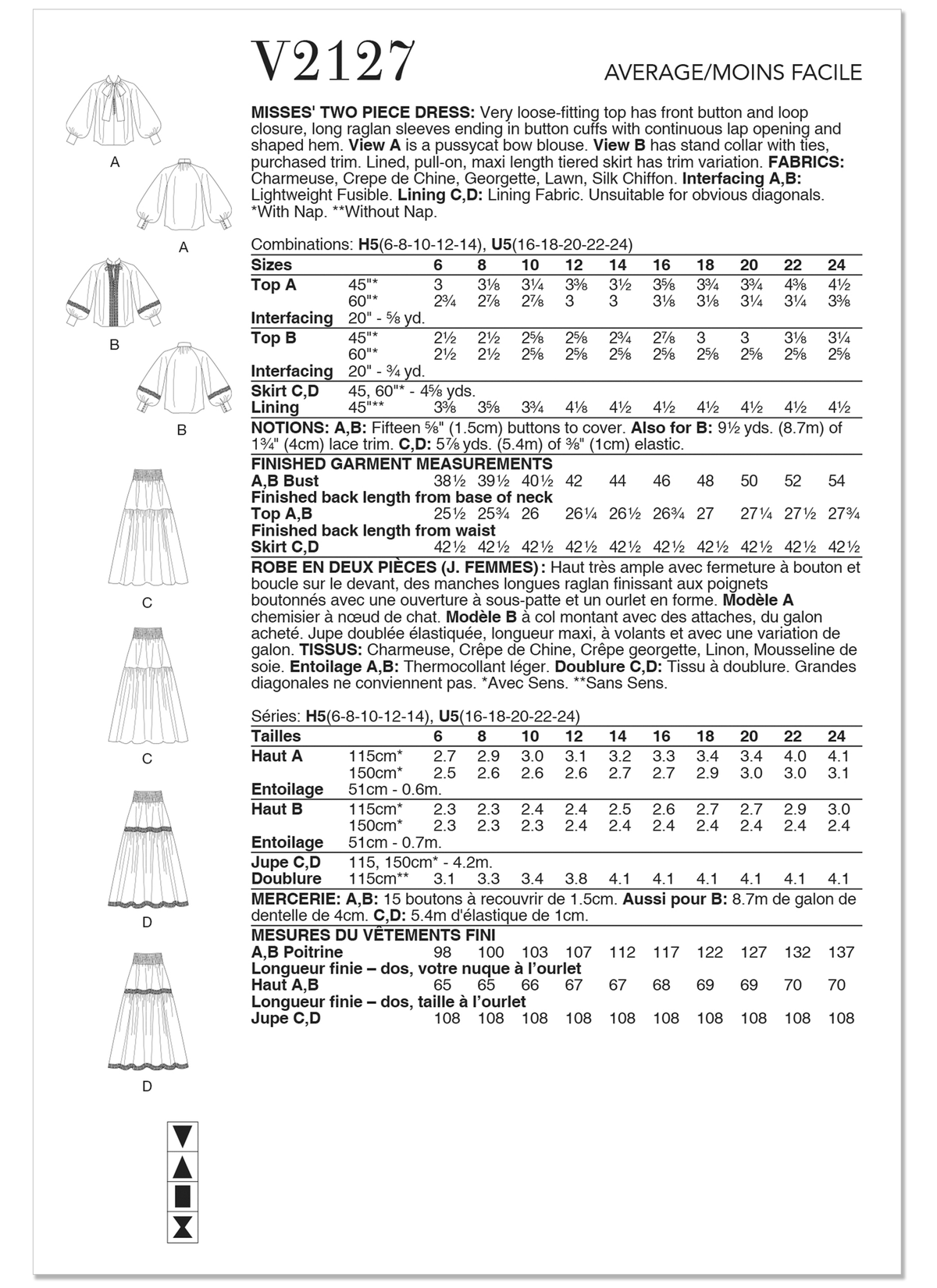 Vogue Patterns V2127 envelope showing the loose fit raglan top designs