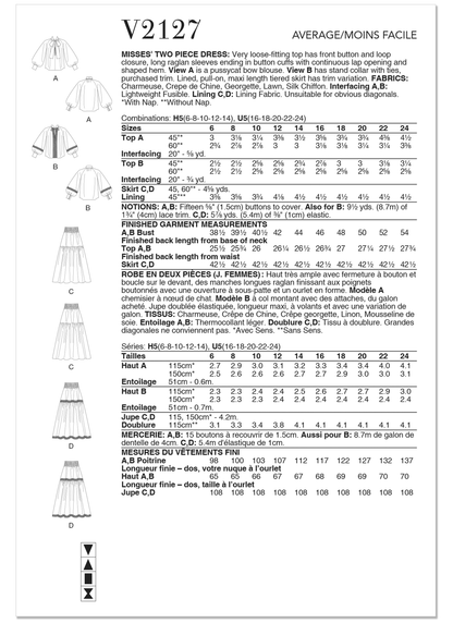 Vogue Patterns V2127 envelope showing the loose fit raglan top designs