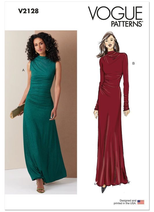 Vogue Patterns V2128 envelope showing the floor length dress designs