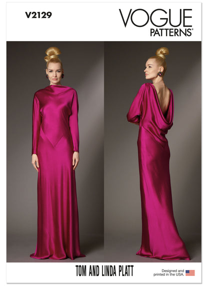 Vogue Patterns V2129 envelope showing the bias cut cowl back dress designs