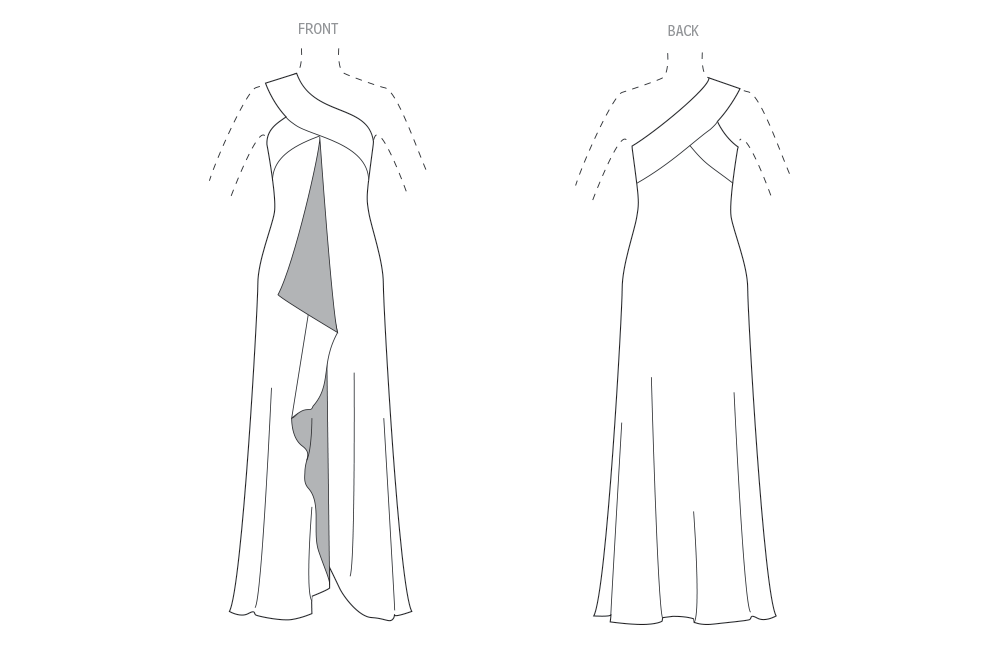 Vogue Patterns V2130 envelope showing the one shoulder bias cut dress designs