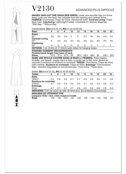 Vogue Patterns V2130 envelope showing the one shoulder bias cut dress designs