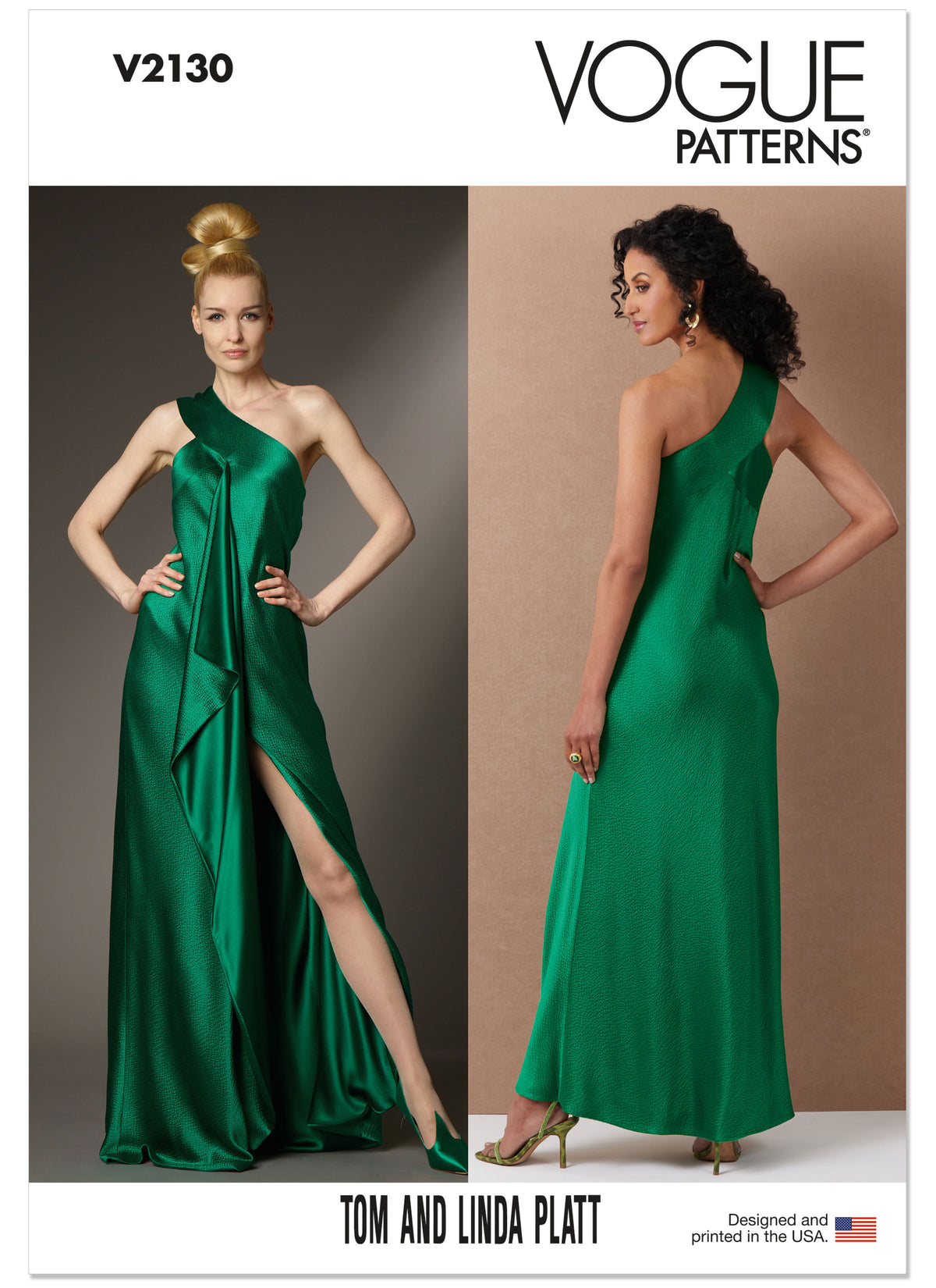 Vogue Patterns V2130 envelope showing the one shoulder bias cut dress designs