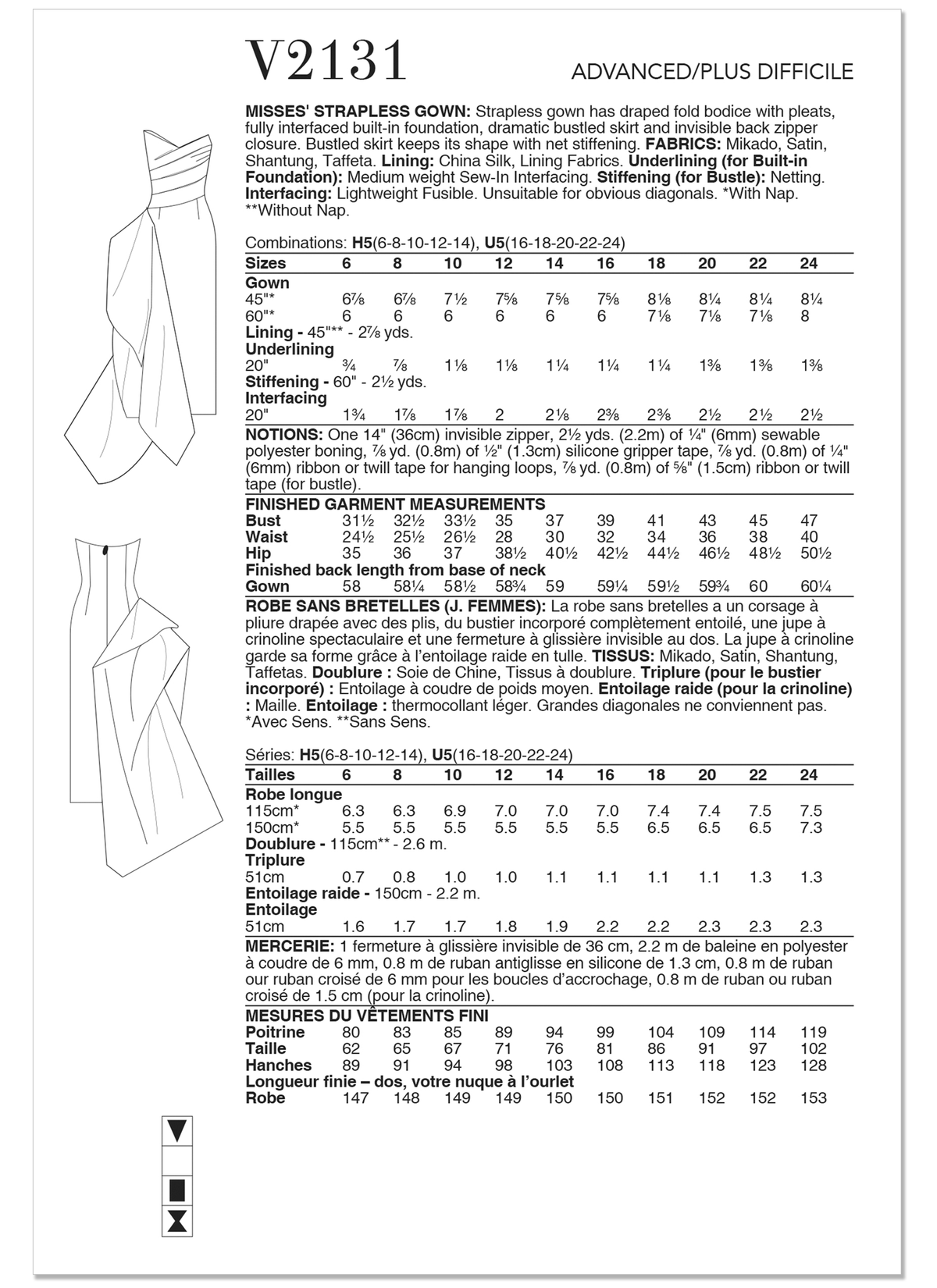 Vogue Patterns V2131 envelope showing the strapless gown designs