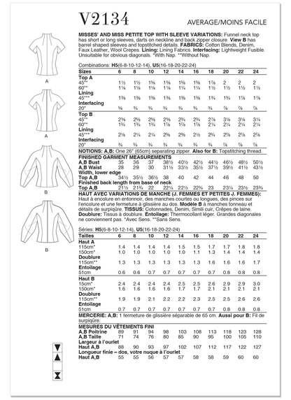 Vogue Patterns V2134 envelope showing the funnel neck top designs