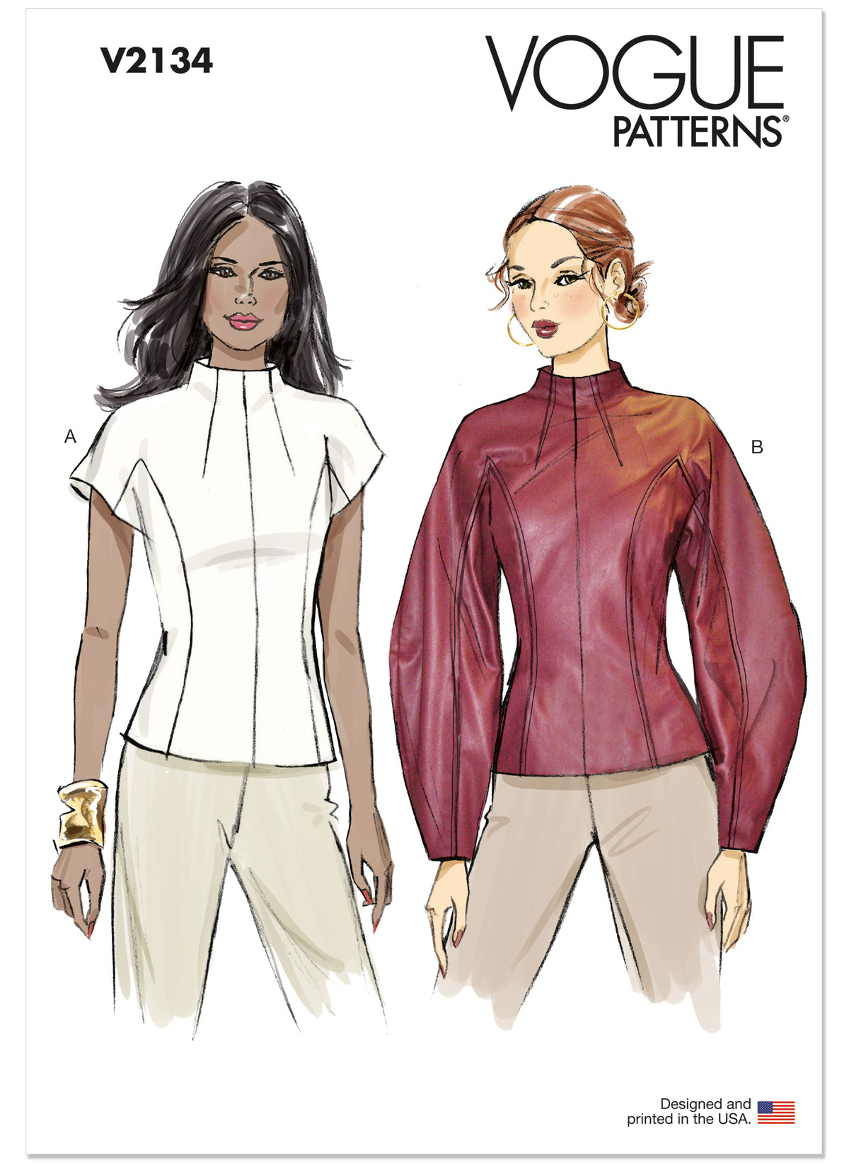 Vogue Patterns V2134 envelope showing the funnel neck top designs