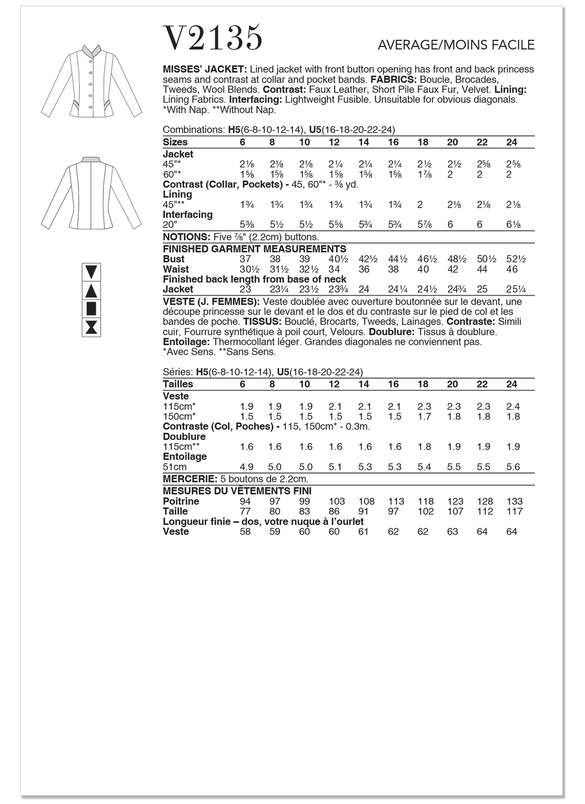 Vogue Patterns V2135 envelope showing the lined button front jacket designs