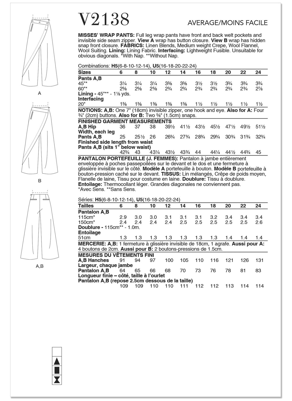 Vogue Patterns V2138 envelope showing a full leg wrap trousers